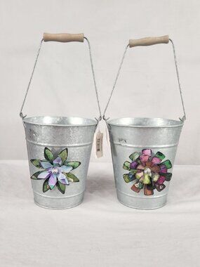 NWT 2 Galvanized Metal Happy Flower Planter Buckets 6.5" Cottage Farmhouse